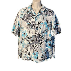 George Men XL Button Up Hawaiian Water Color Light Blue‎ Grey Floral Palm Pocket